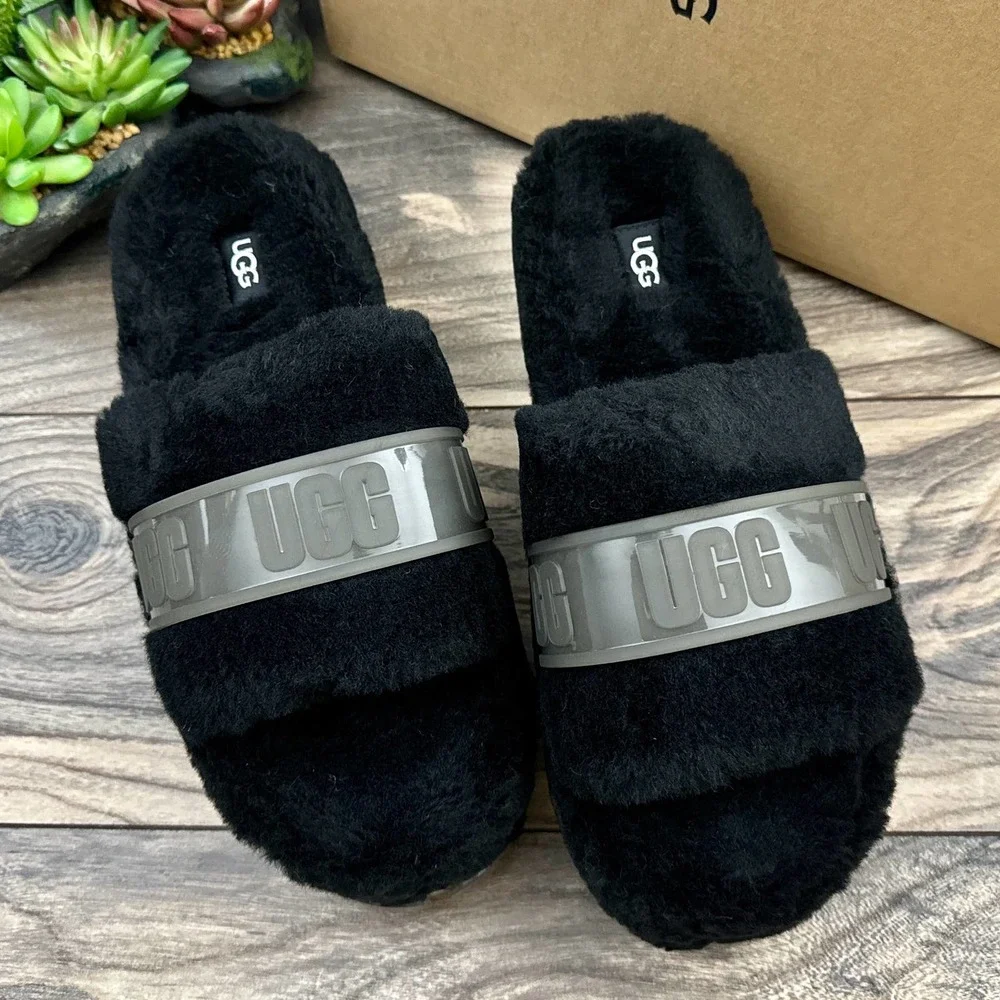 NIB UGG Australia Fluffita 9 40 Black Clear Platform Slide Slipper Sandals - Picture 4 of 12